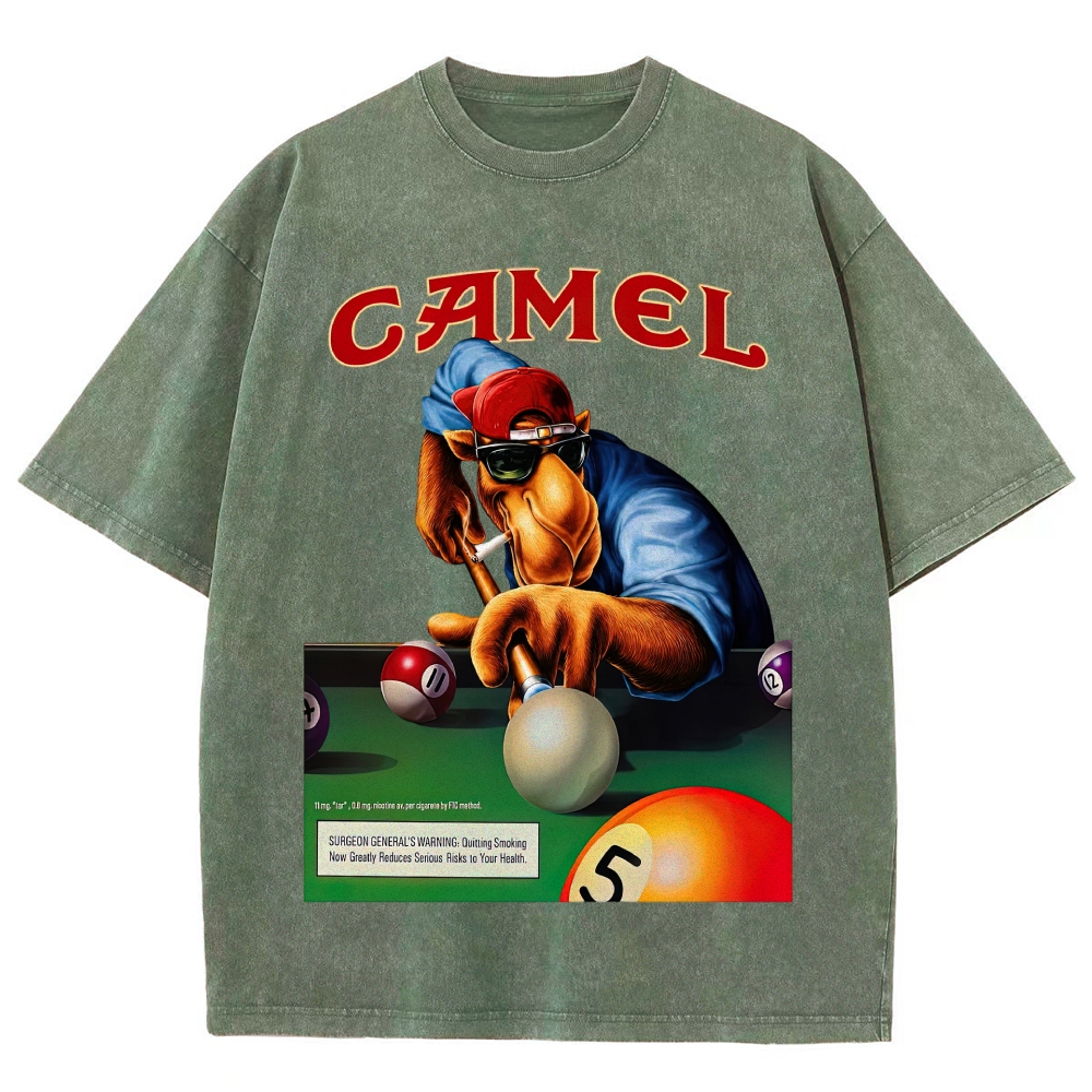 Retro Camel Billiards Smoking Camel Character Distressed Vintage Washed T-Shirt