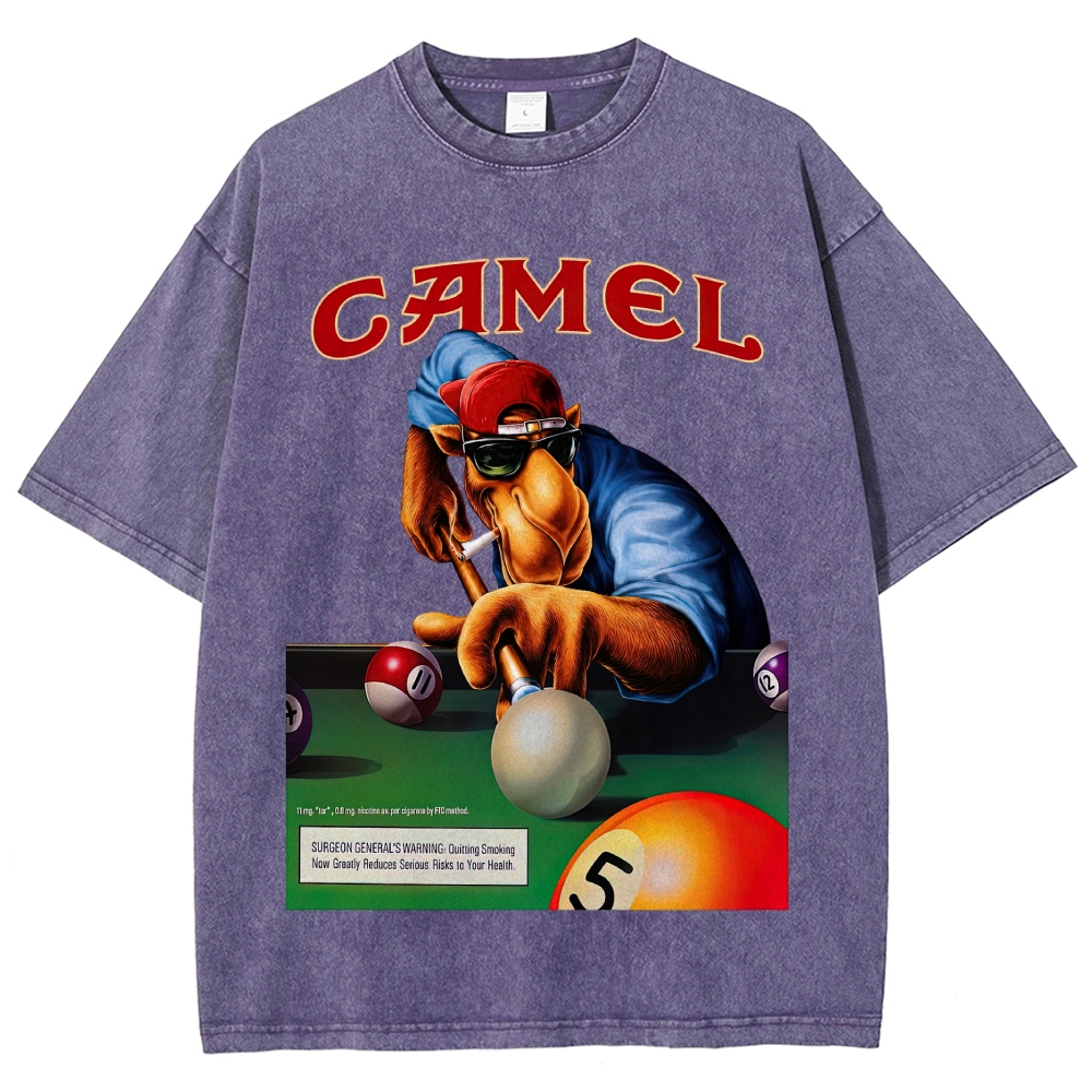 Retro Camel Billiards Smoking Camel Character Distressed Vintage Washed T-Shirt