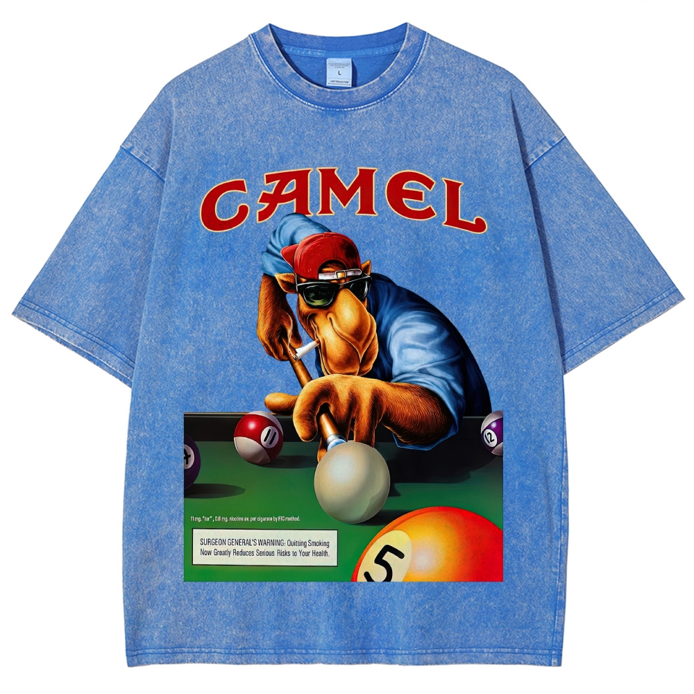 Retro Camel Billiards Smoking Camel Character Distressed Vintage Washed T-Shirt