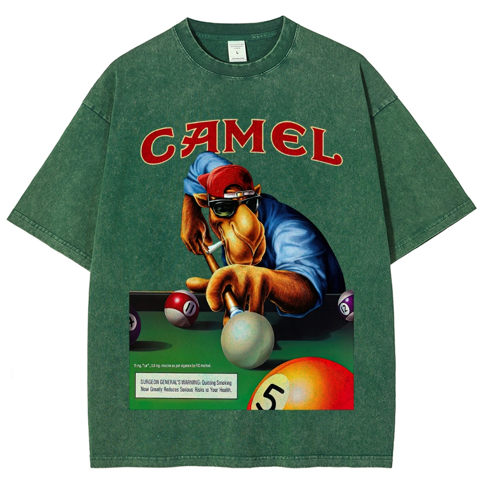 Retro Camel Billiards Smoking Camel Character Distressed Vintage Washed T-Shirt