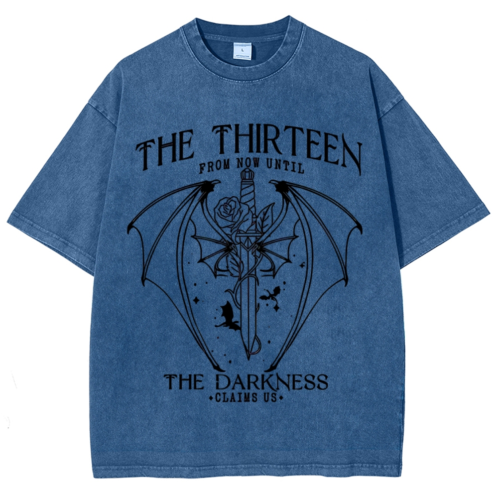 Dark Fantasy Bat Wing Sword Rose "The Thirteen" Book Quote Line Art Vintage Washed T-Shirt