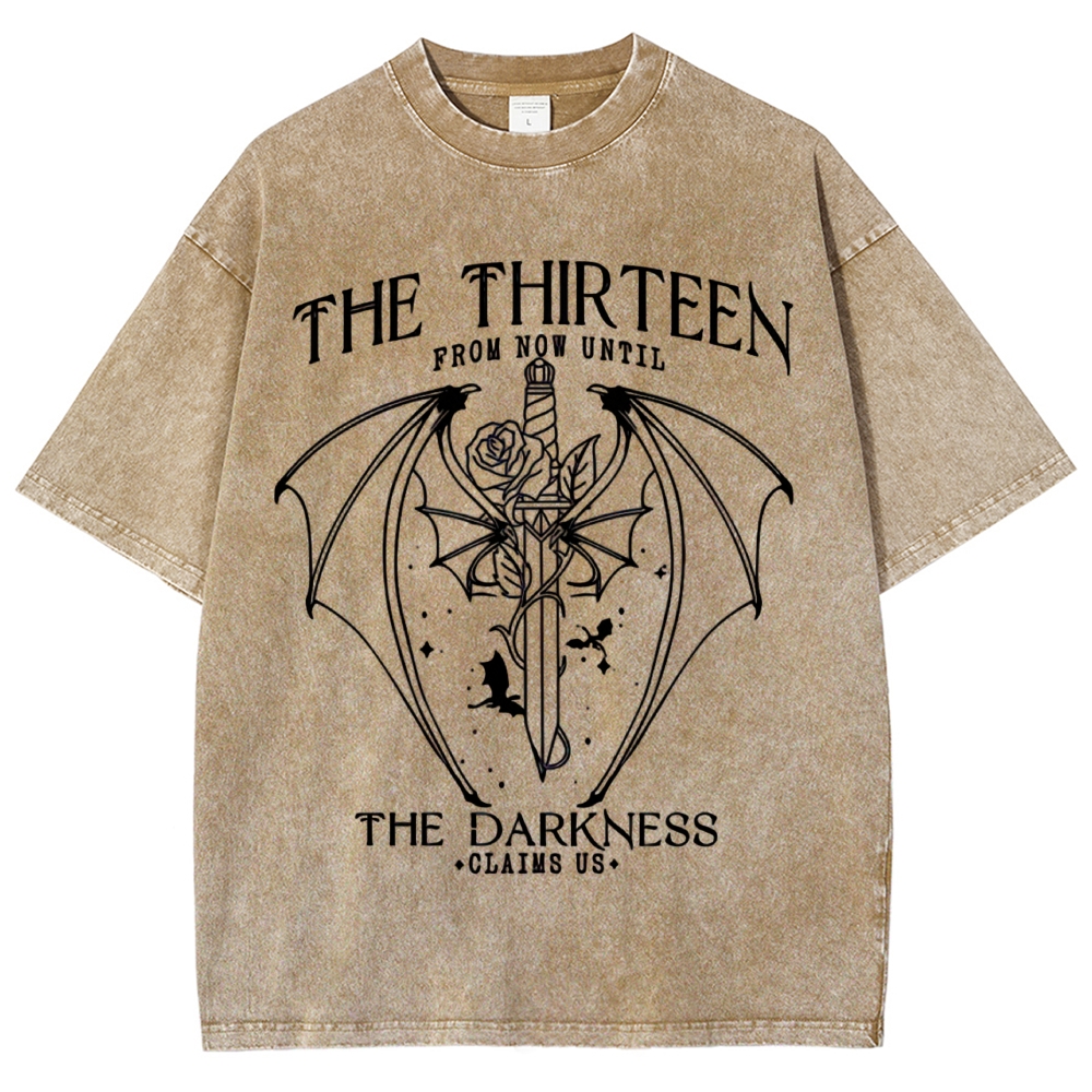 Dark Fantasy Bat Wing Sword Rose "The Thirteen" Book Quote Line Art Vintage Washed T-Shirt