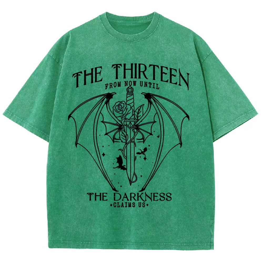 Dark Fantasy Bat Wing Sword Rose "The Thirteen" Book Quote Line Art Vintage Washed T-Shirt