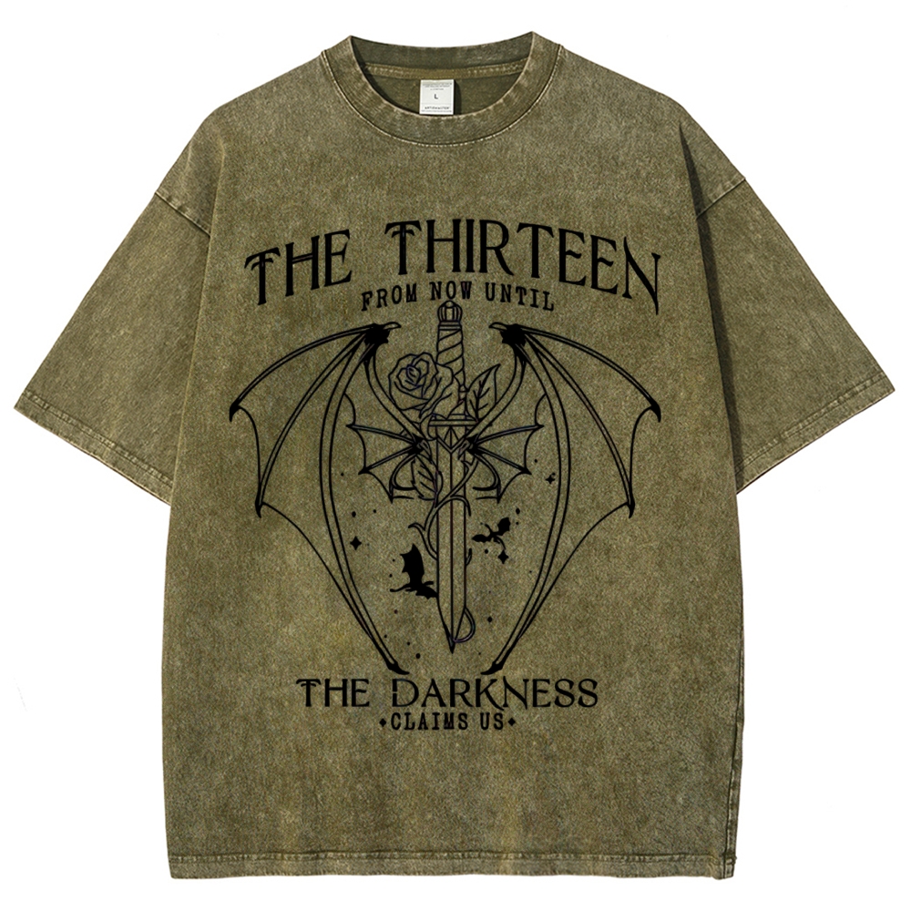 Dark Fantasy Bat Wing Sword Rose "The Thirteen" Book Quote Line Art Vintage Washed T-Shirt
