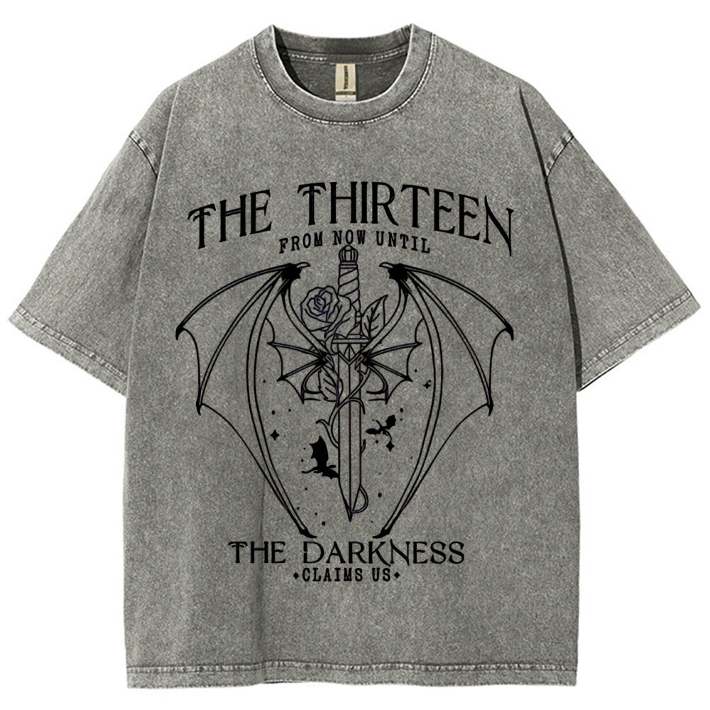 Dark Fantasy Bat Wing Sword Rose "The Thirteen" Book Quote Line Art Vintage Washed T-Shirt