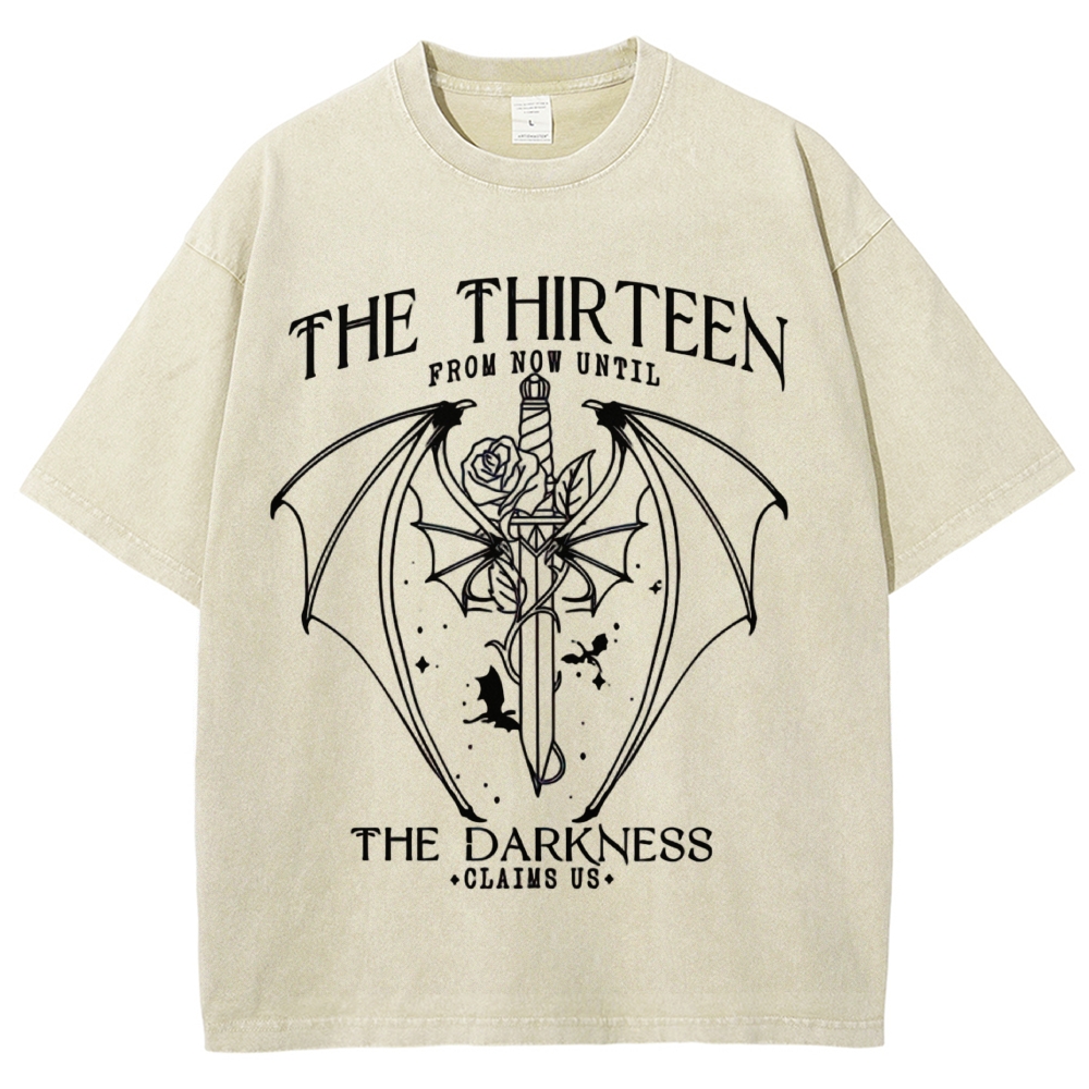 Dark Fantasy Bat Wing Sword Rose "The Thirteen" Book Quote Line Art Vintage Washed T-Shirt