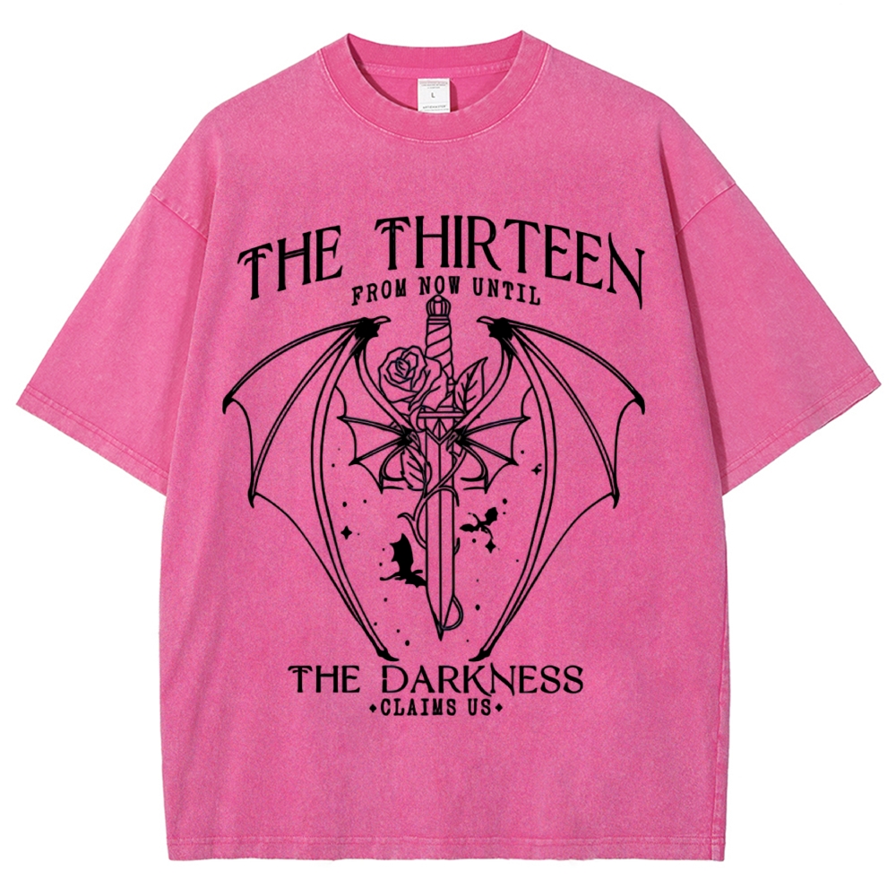 Dark Fantasy Bat Wing Sword Rose "The Thirteen" Book Quote Line Art Vintage Washed T-Shirt
