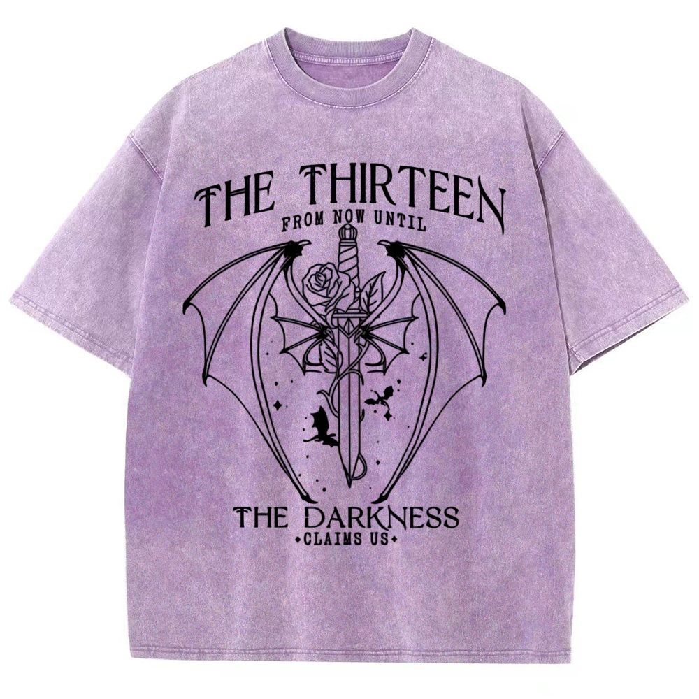 Dark Fantasy Bat Wing Sword Rose "The Thirteen" Book Quote Line Art Vintage Washed T-Shirt