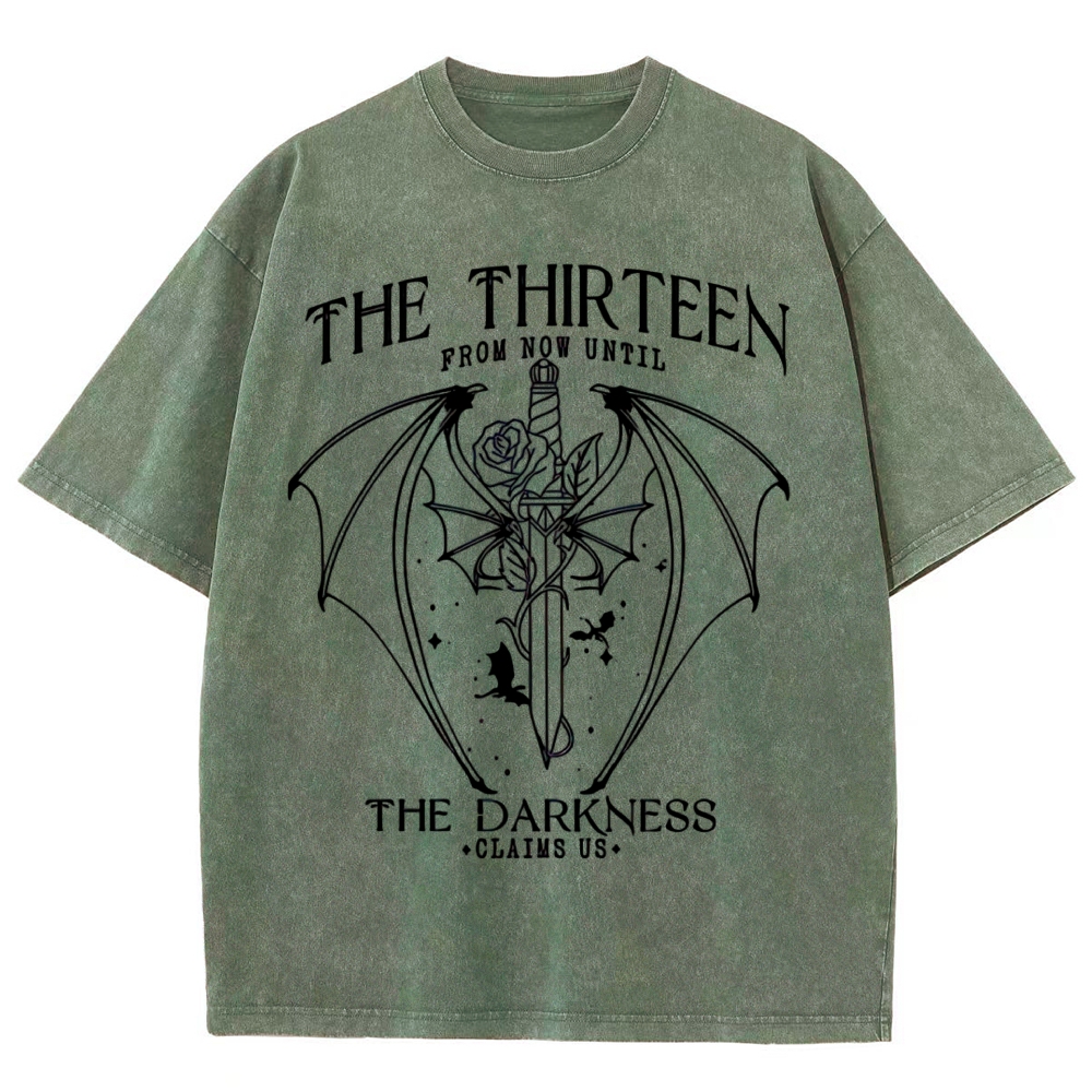Dark Fantasy Bat Wing Sword Rose "The Thirteen" Book Quote Line Art Vintage Washed T-Shirt