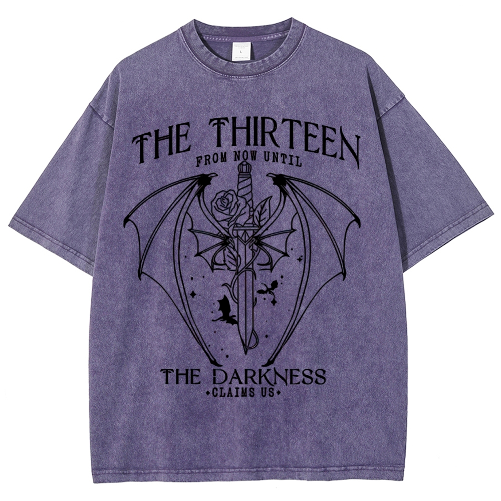 Dark Fantasy Bat Wing Sword Rose "The Thirteen" Book Quote Line Art Vintage Washed T-Shirt