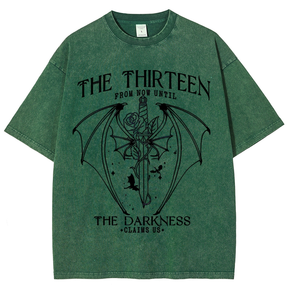 Dark Fantasy Bat Wing Sword Rose "The Thirteen" Book Quote Line Art Vintage Washed T-Shirt