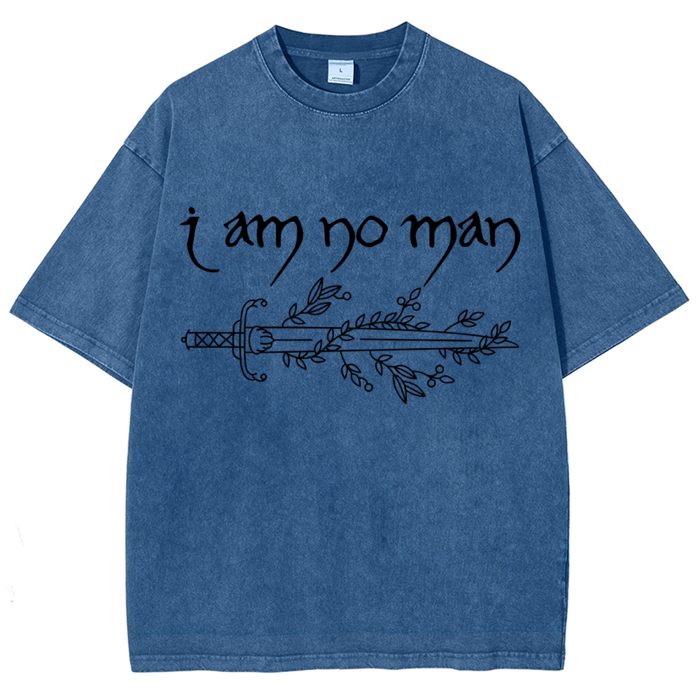 "I Am No Man" Sword Laurel Line Art Denim Vintage Washed T-Shirt