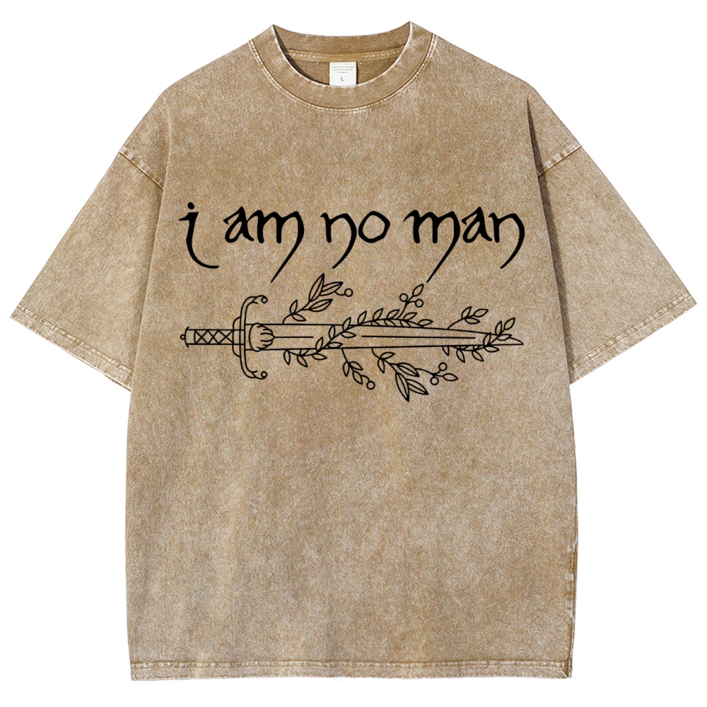 "I Am No Man" Sword Laurel Line Art Denim Vintage Washed T-Shirt