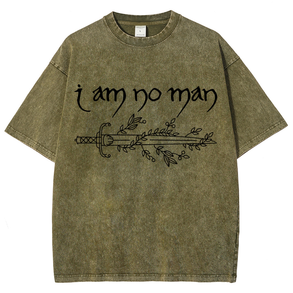 "I Am No Man" Sword Laurel Line Art Denim Vintage Washed T-Shirt