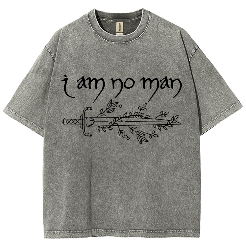 "I Am No Man" Sword Laurel Line Art Denim Vintage Washed T-Shirt