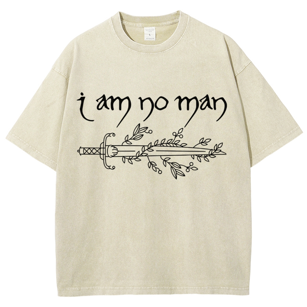 "I Am No Man" Sword Laurel Line Art Denim Vintage Washed T-Shirt
