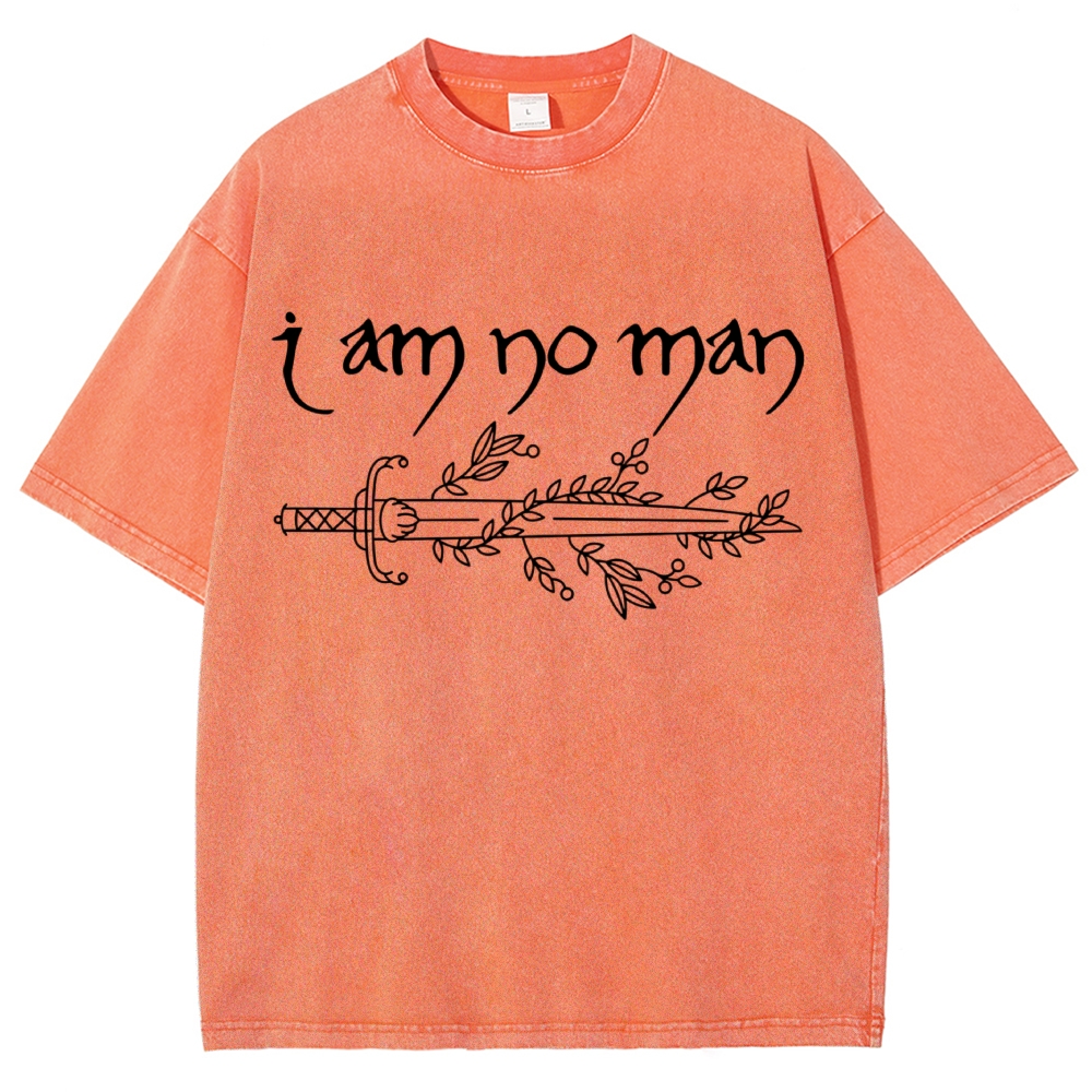 "I Am No Man" Sword Laurel Line Art Denim Vintage Washed T-Shirt