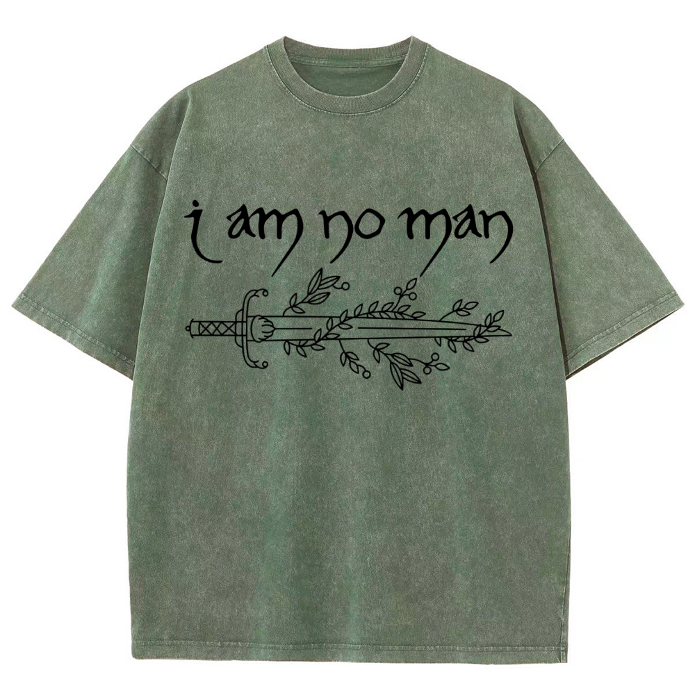 "I Am No Man" Sword Laurel Line Art Denim Vintage Washed T-Shirt