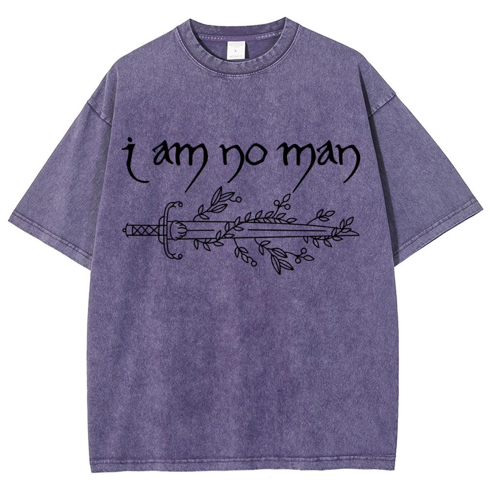 "I Am No Man" Sword Laurel Line Art Denim Vintage Washed T-Shirt