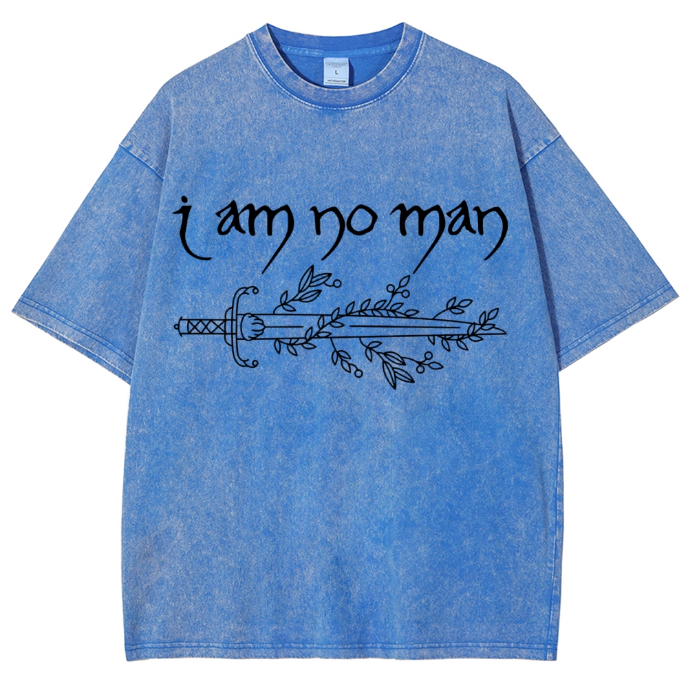 "I Am No Man" Sword Laurel Line Art Denim Vintage Washed T-Shirt