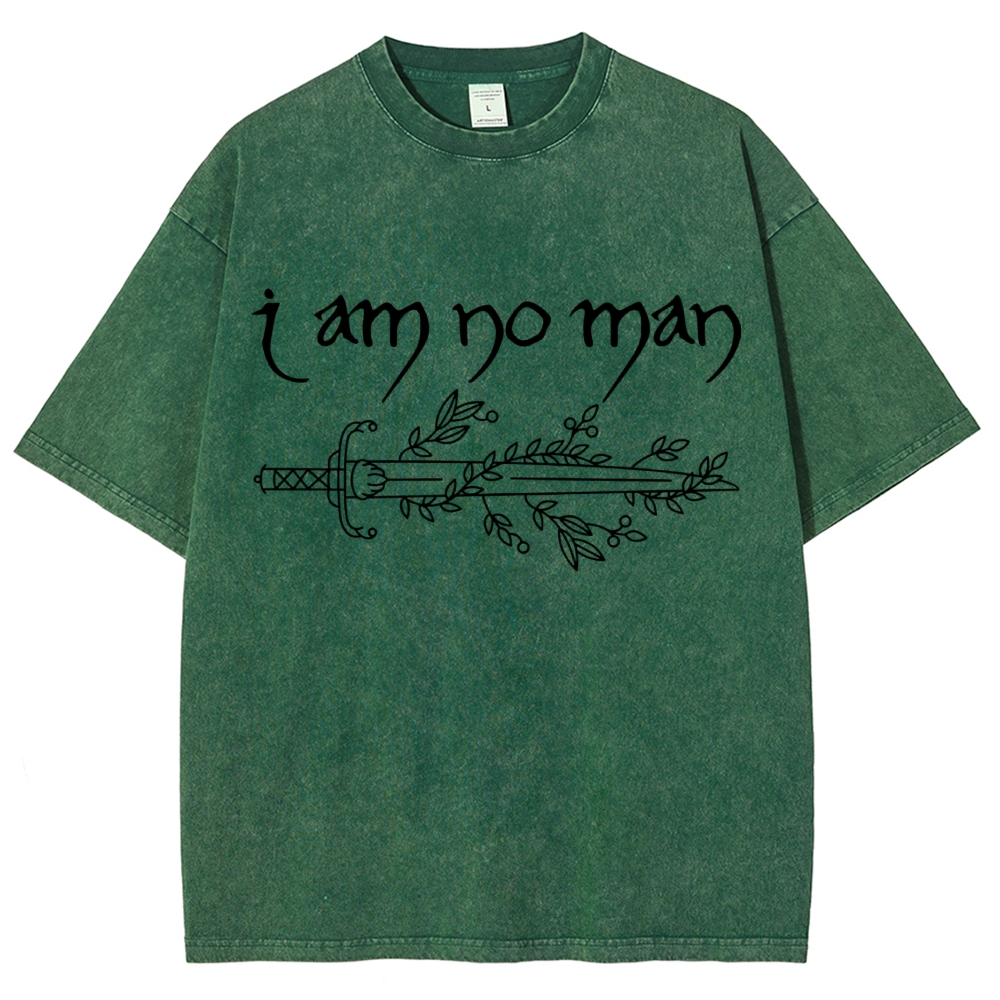 "I Am No Man" Sword Laurel Line Art Denim Vintage Washed T-Shirt