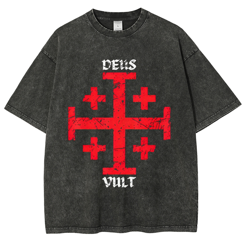 Cracked Jerusalem Cross "Deus Vult" Medieval Faith Distressed Vintage Washed T-Shirt