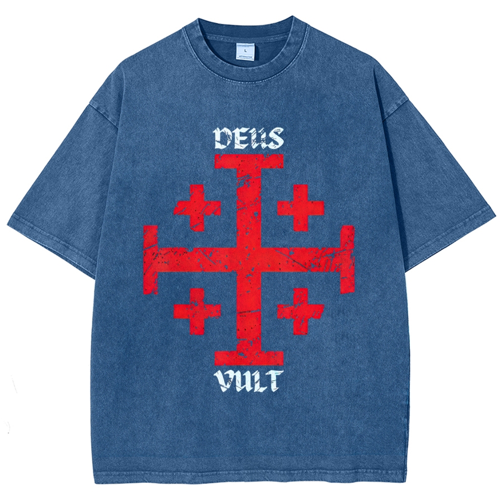 Cracked Jerusalem Cross "Deus Vult" Medieval Faith Distressed Vintage Washed T-Shirt