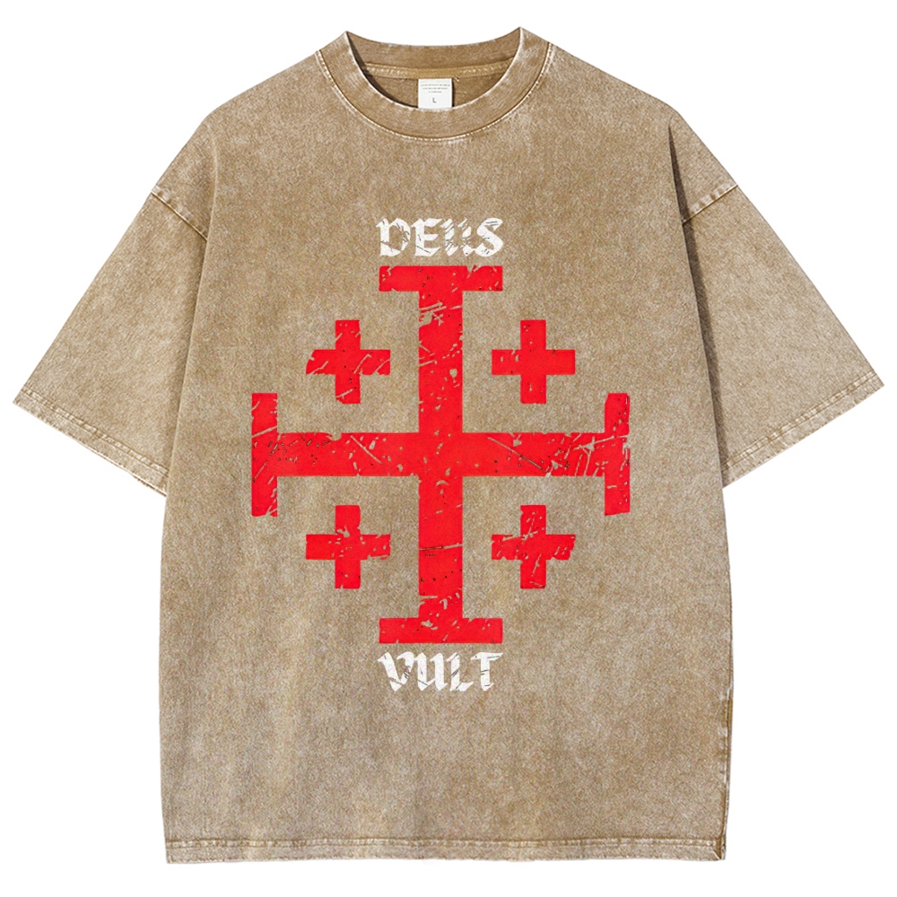 Cracked Jerusalem Cross "Deus Vult" Medieval Faith Distressed Vintage Washed T-Shirt