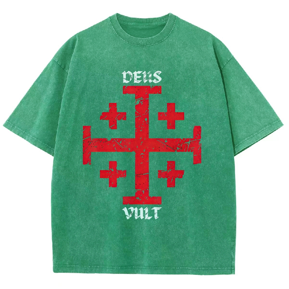 Cracked Jerusalem Cross "Deus Vult" Medieval Faith Distressed Vintage Washed T-Shirt