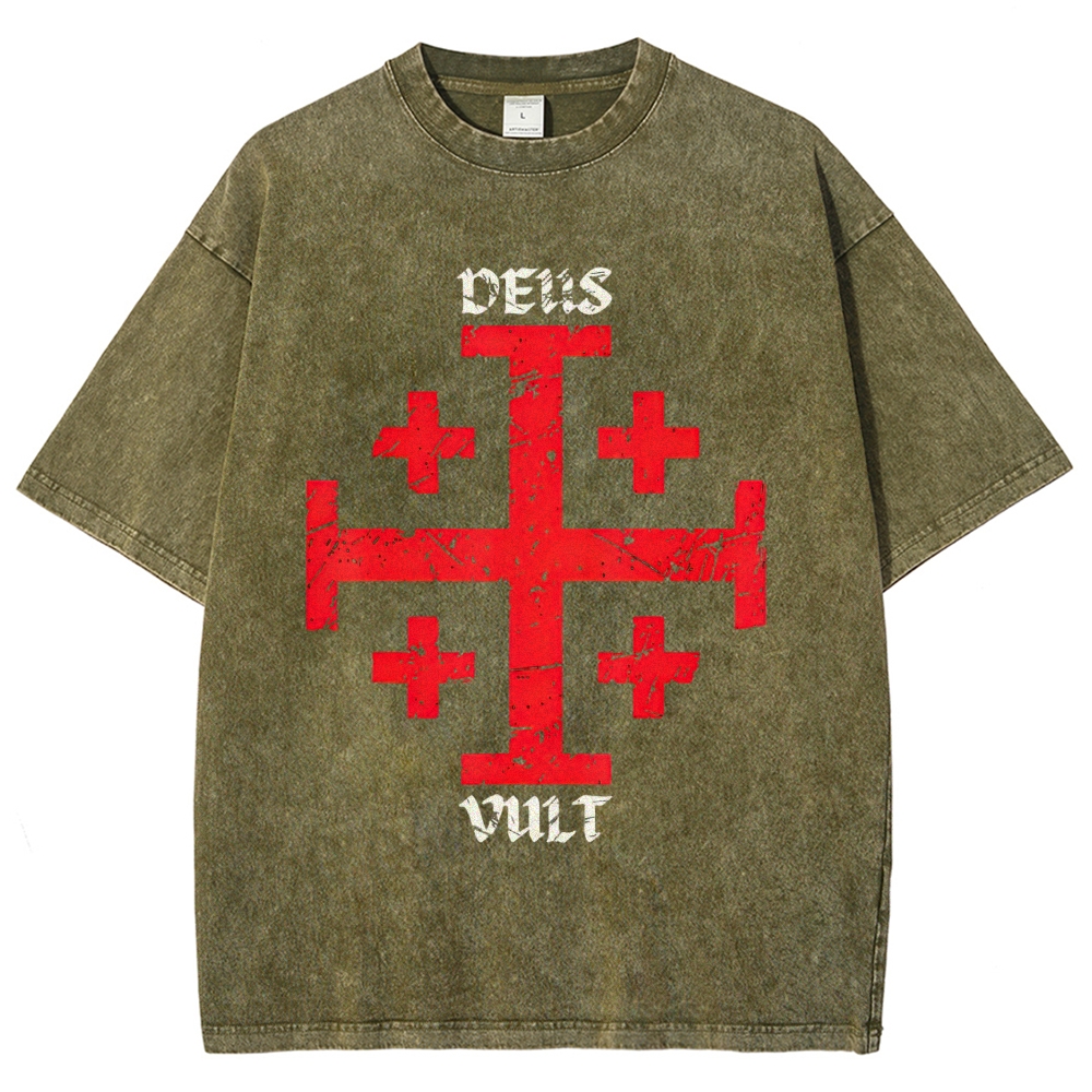 Cracked Jerusalem Cross "Deus Vult" Medieval Faith Distressed Vintage Washed T-Shirt