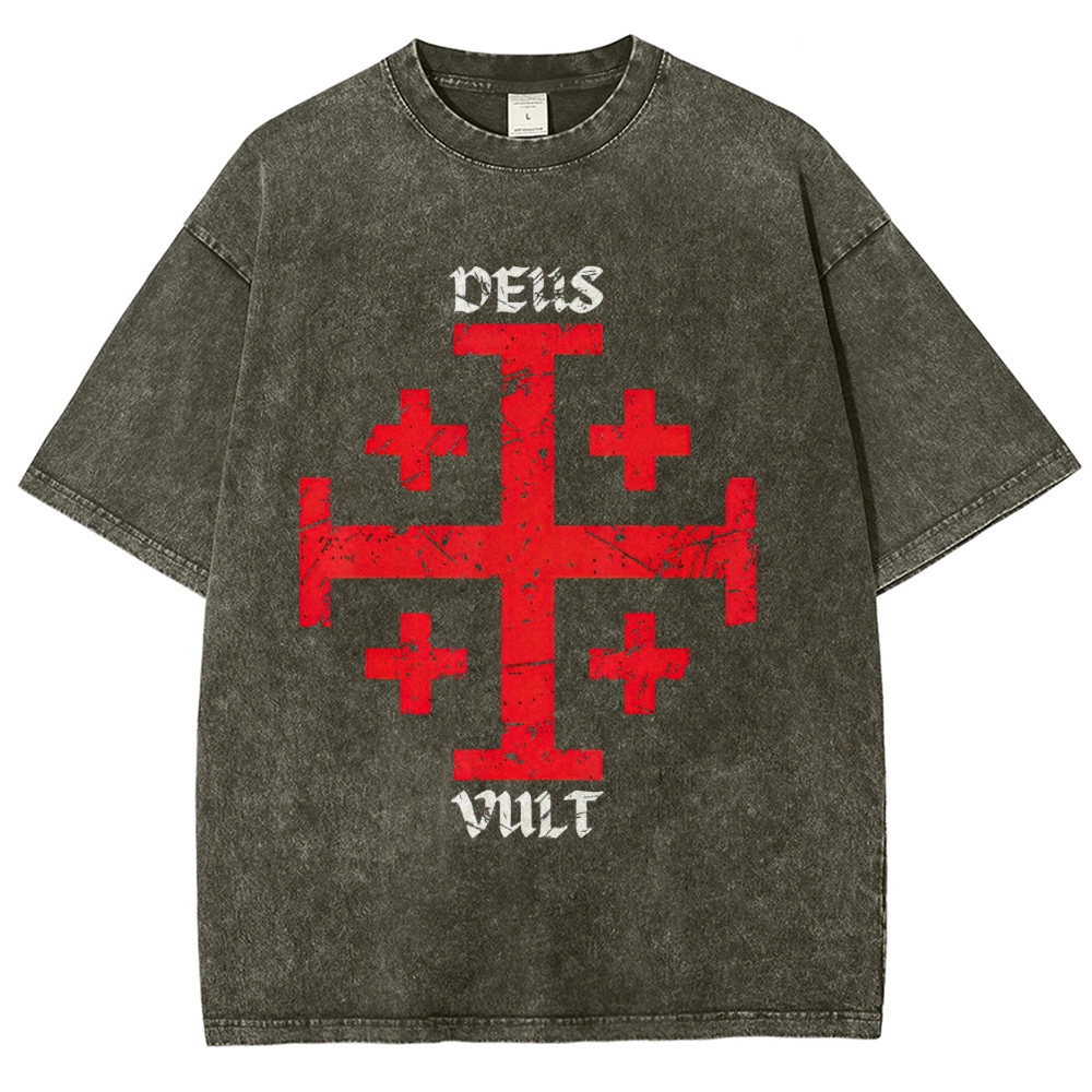 Cracked Jerusalem Cross "Deus Vult" Medieval Faith Distressed Vintage Washed T-Shirt
