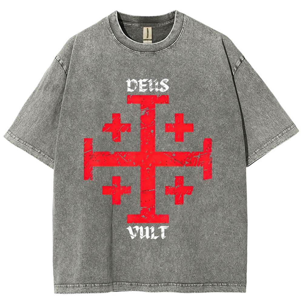 Cracked Jerusalem Cross "Deus Vult" Medieval Faith Distressed Vintage Washed T-Shirt