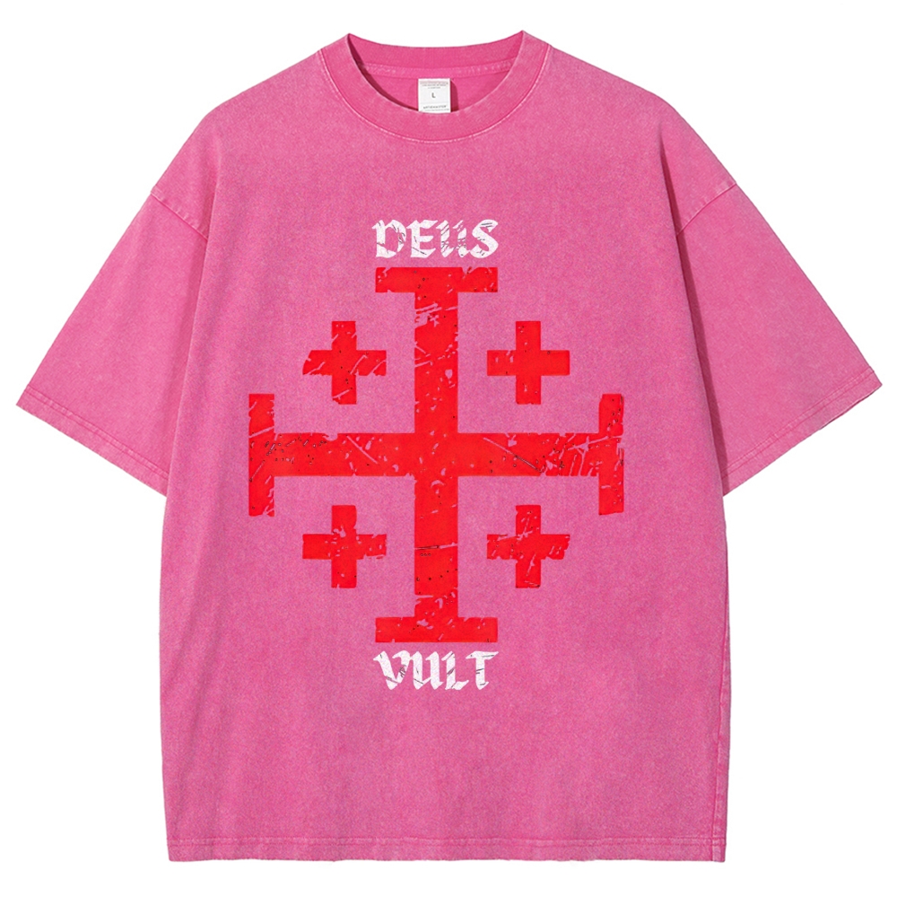 Cracked Jerusalem Cross "Deus Vult" Medieval Faith Distressed Vintage Washed T-Shirt
