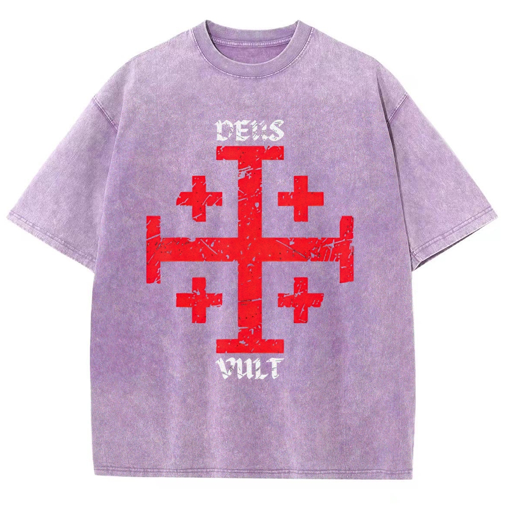 Cracked Jerusalem Cross "Deus Vult" Medieval Faith Distressed Vintage Washed T-Shirt