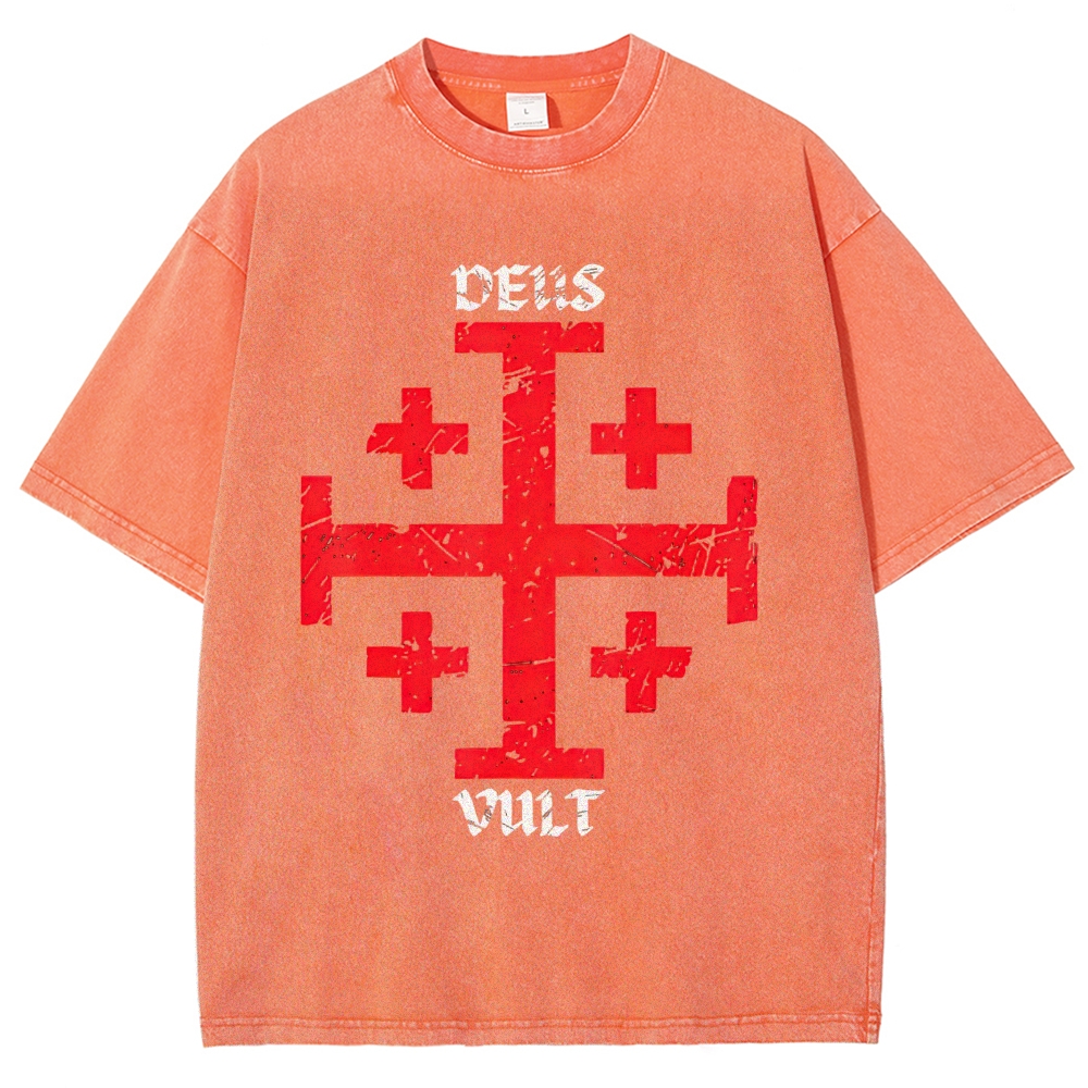 Cracked Jerusalem Cross "Deus Vult" Medieval Faith Distressed Vintage Washed T-Shirt