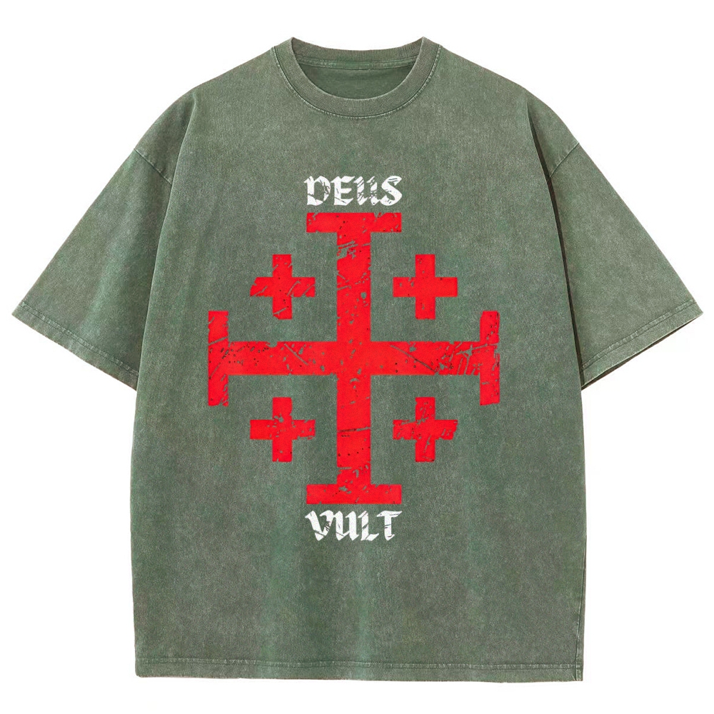 Cracked Jerusalem Cross "Deus Vult" Medieval Faith Distressed Vintage Washed T-Shirt