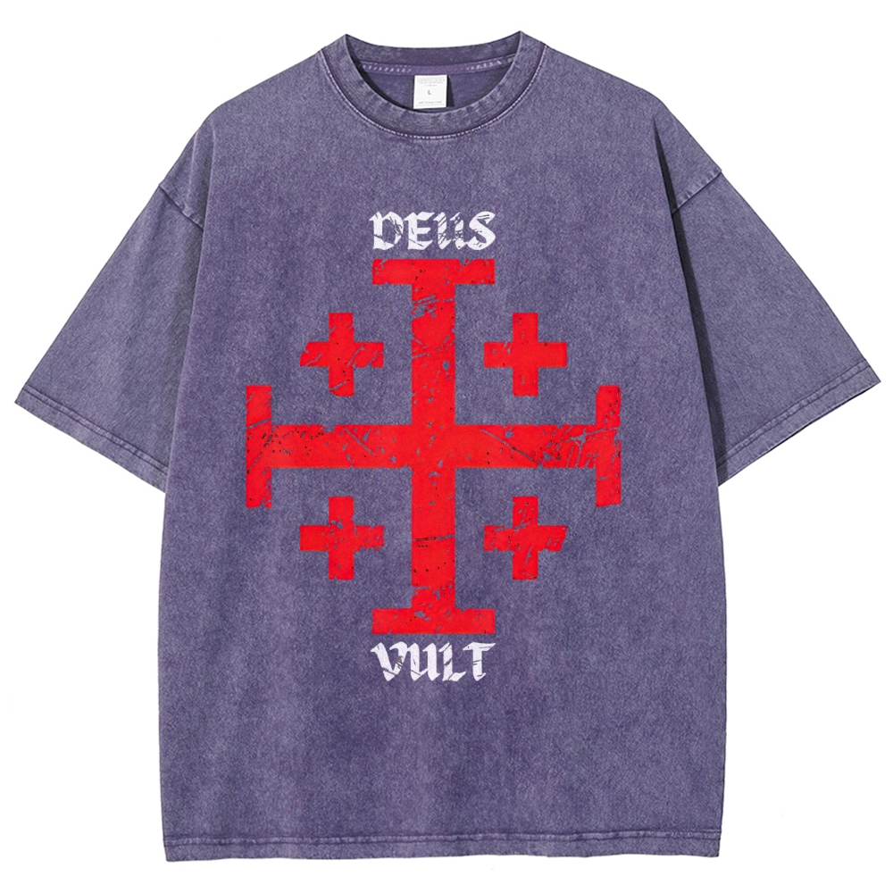 Cracked Jerusalem Cross "Deus Vult" Medieval Faith Distressed Vintage Washed T-Shirt