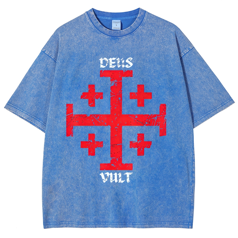 Cracked Jerusalem Cross "Deus Vult" Medieval Faith Distressed Vintage Washed T-Shirt