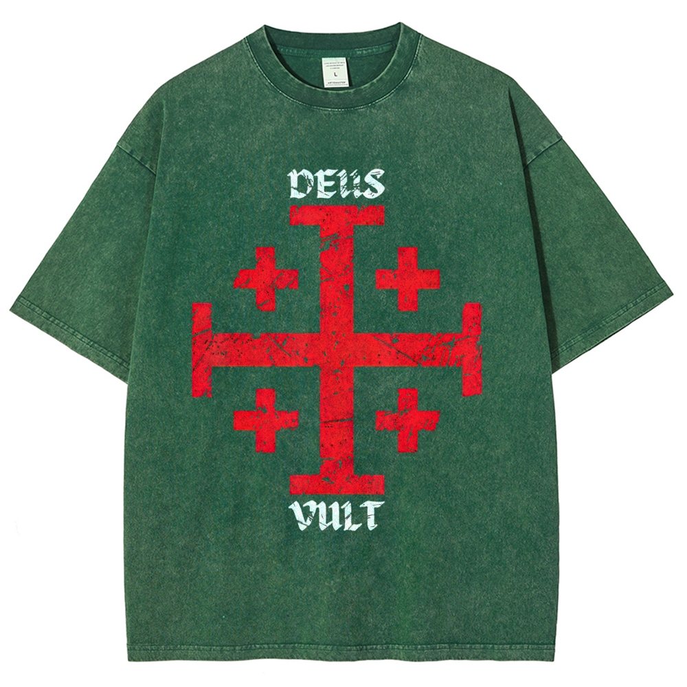 Cracked Jerusalem Cross "Deus Vult" Medieval Faith Distressed Vintage Washed T-Shirt