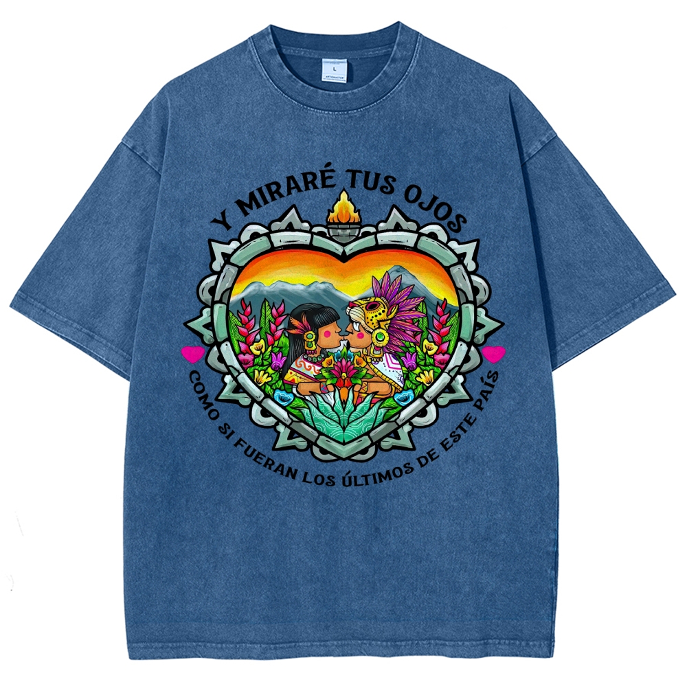 Bright Folk Art Aztec Heart Indigenous Couple Spanish Romantic Poem Denim Vintage Washed T-Shirt