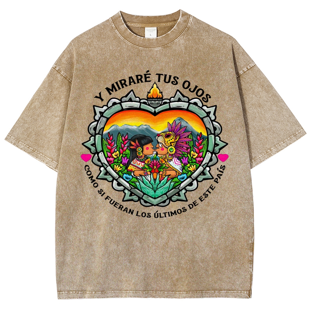 Bright Folk Art Aztec Heart Indigenous Couple Spanish Romantic Poem Denim Vintage Washed T-Shirt