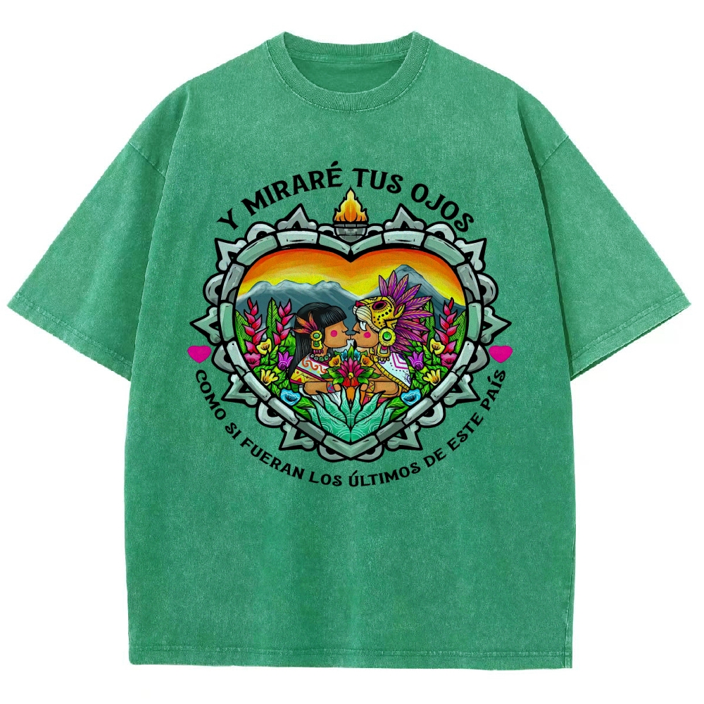 Bright Folk Art Aztec Heart Indigenous Couple Spanish Romantic Poem Denim Vintage Washed T-Shirt