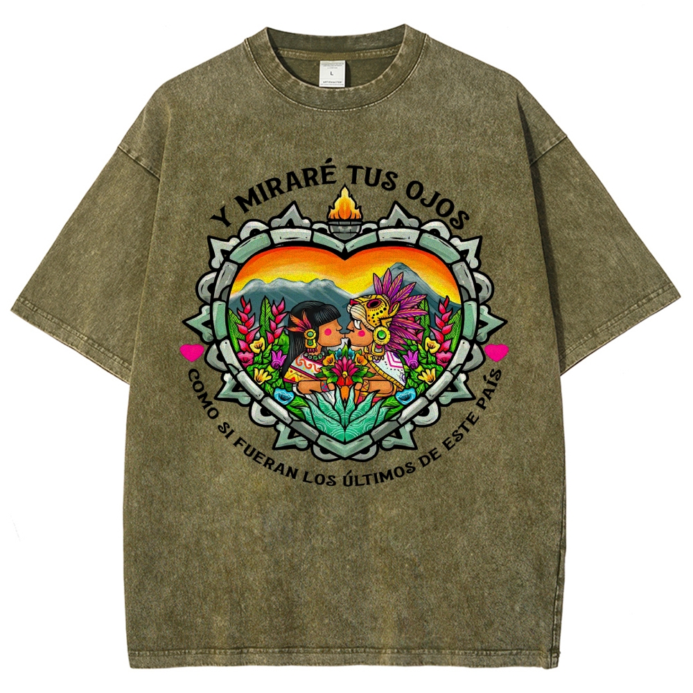 Bright Folk Art Aztec Heart Indigenous Couple Spanish Romantic Poem Denim Vintage Washed T-Shirt
