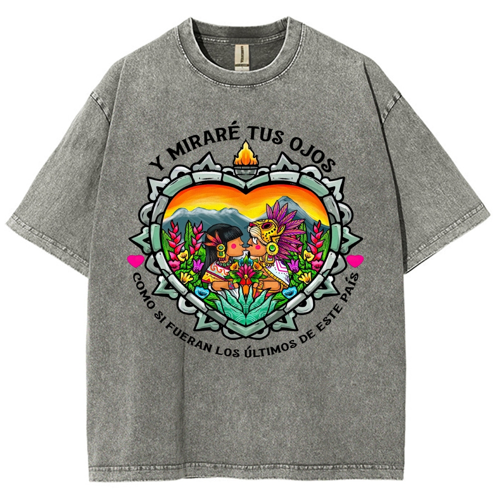 Bright Folk Art Aztec Heart Indigenous Couple Spanish Romantic Poem Denim Vintage Washed T-Shirt
