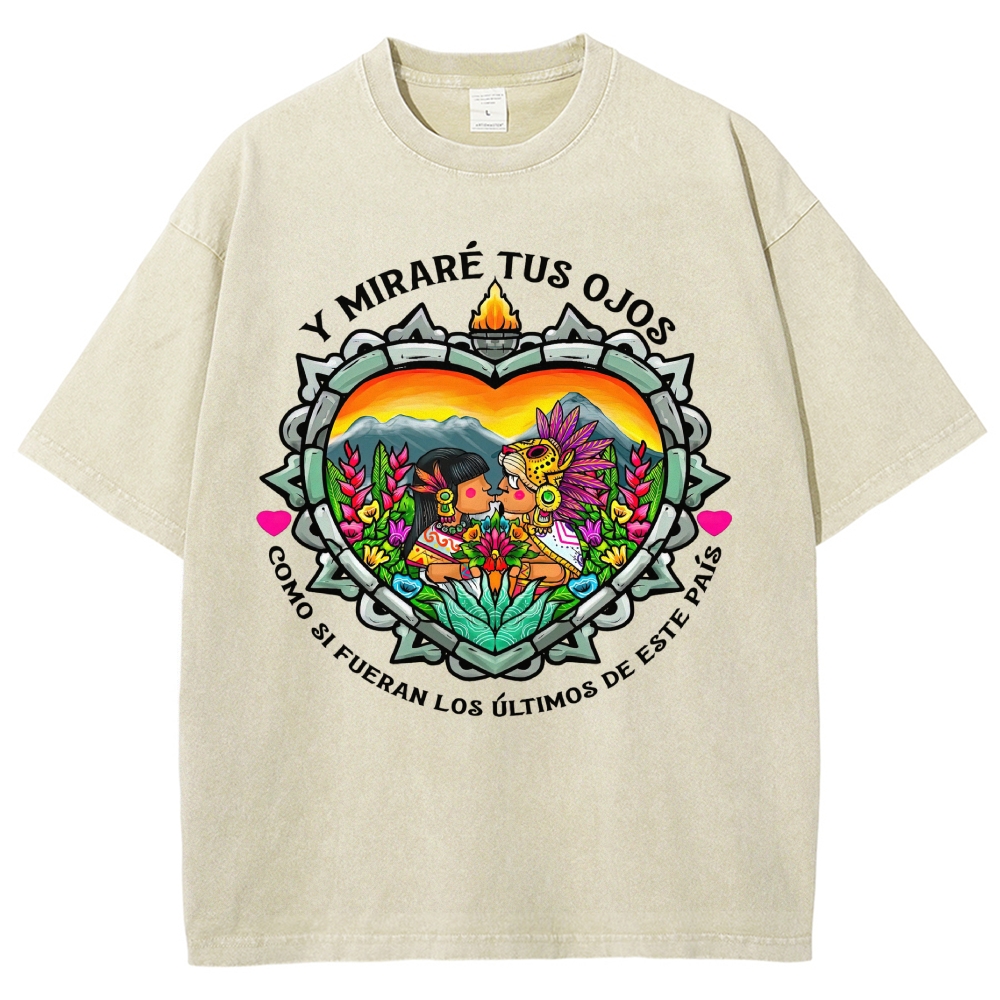 Bright Folk Art Aztec Heart Indigenous Couple Spanish Romantic Poem Denim Vintage Washed T-Shirt