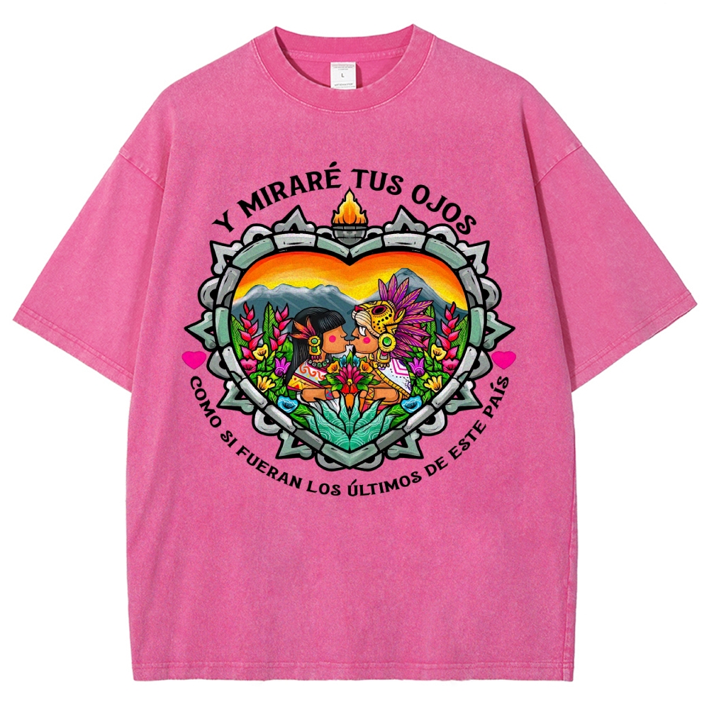 Bright Folk Art Aztec Heart Indigenous Couple Spanish Romantic Poem Denim Vintage Washed T-Shirt