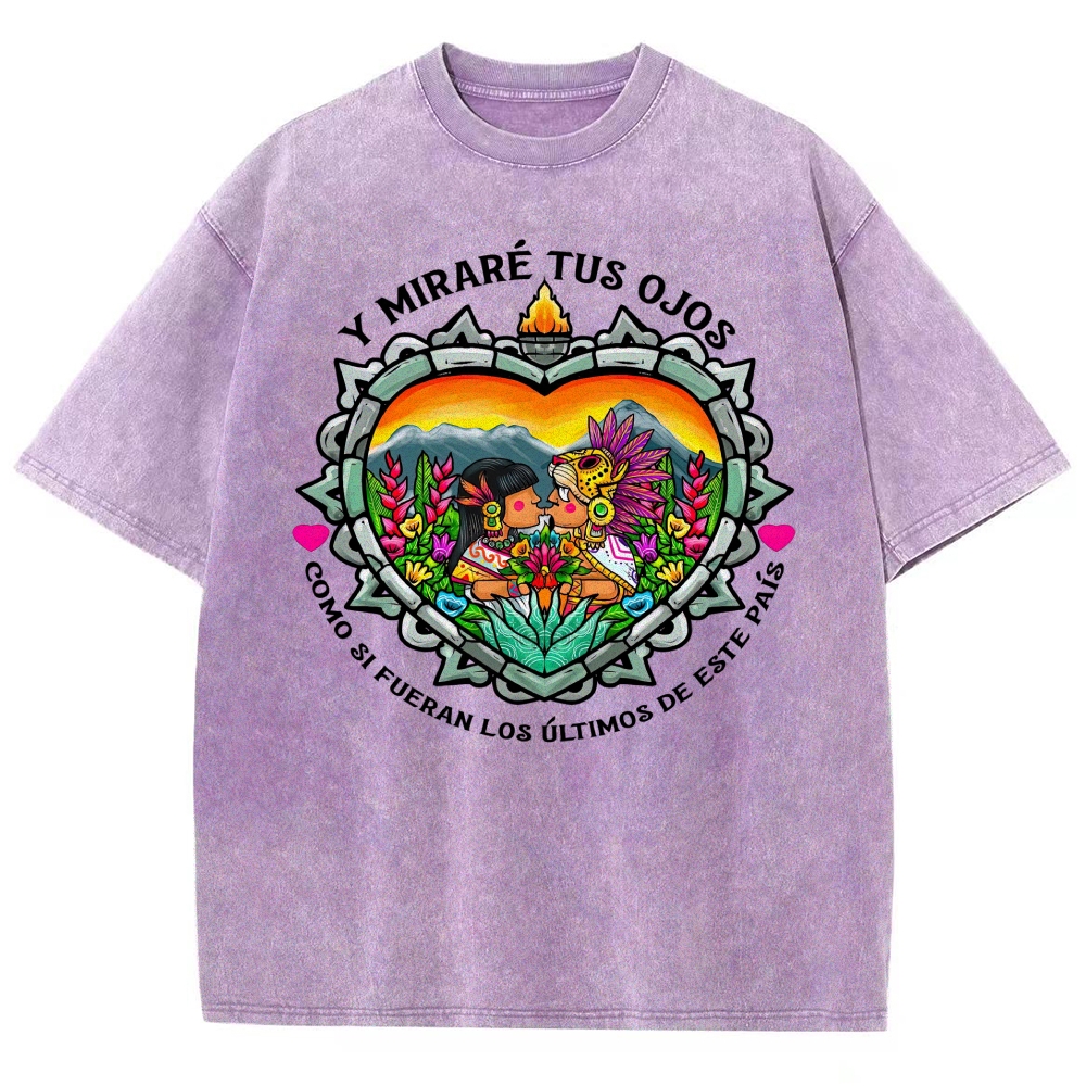 Bright Folk Art Aztec Heart Indigenous Couple Spanish Romantic Poem Denim Vintage Washed T-Shirt
