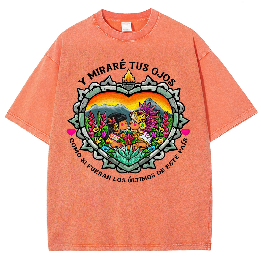 Bright Folk Art Aztec Heart Indigenous Couple Spanish Romantic Poem Denim Vintage Washed T-Shirt