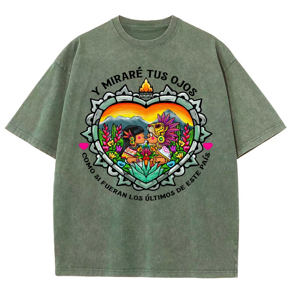 Bright Folk Art Aztec Heart Indigenous Couple Spanish Romantic Poem Denim Vintage Washed T-Shirt