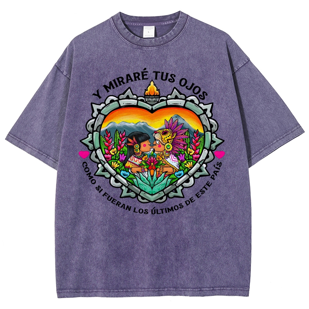 Bright Folk Art Aztec Heart Indigenous Couple Spanish Romantic Poem Denim Vintage Washed T-Shirt